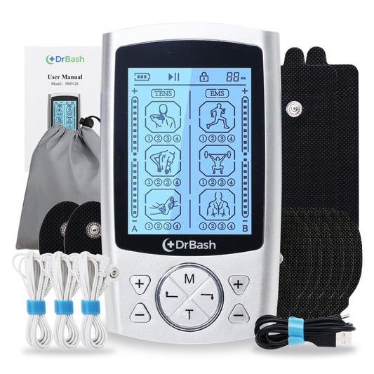 DrBash Dual Channel TENS & PMS Unit | 24 Mode Muscle Pain Relief Stimulator with 10 Pads